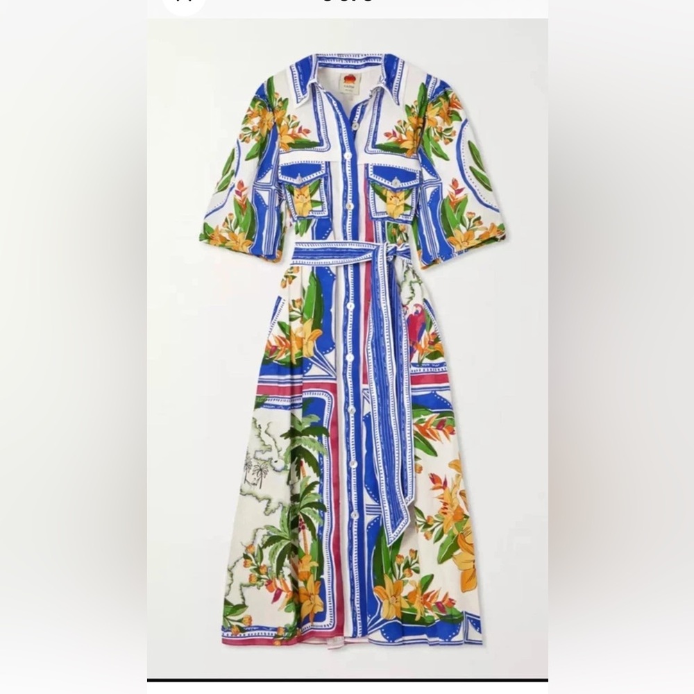 FARM RIO Tropical Destination belted linen-blend midi shirt dress Size M NEW - Picture 2 of 3